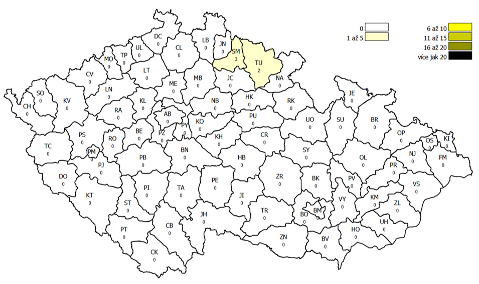 Mapa Výskyt hniloby včelího plodu v jednotlivých okresech ČR