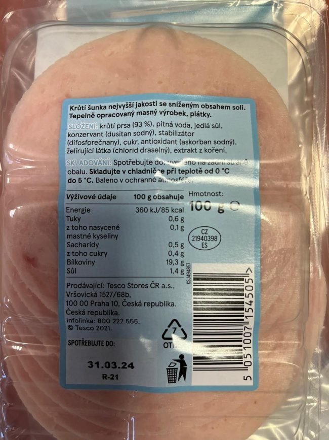 Krůtí šunka Tesco zadní strana balení