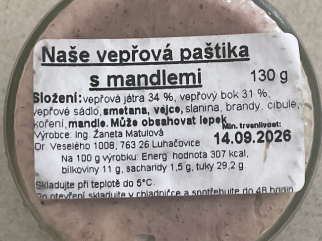 Paštika s mandlemi složení