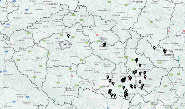 Mapa – potvrzené případy myxomatózy zajíců v České republice od srpna 2025 do 7. 10. 2026